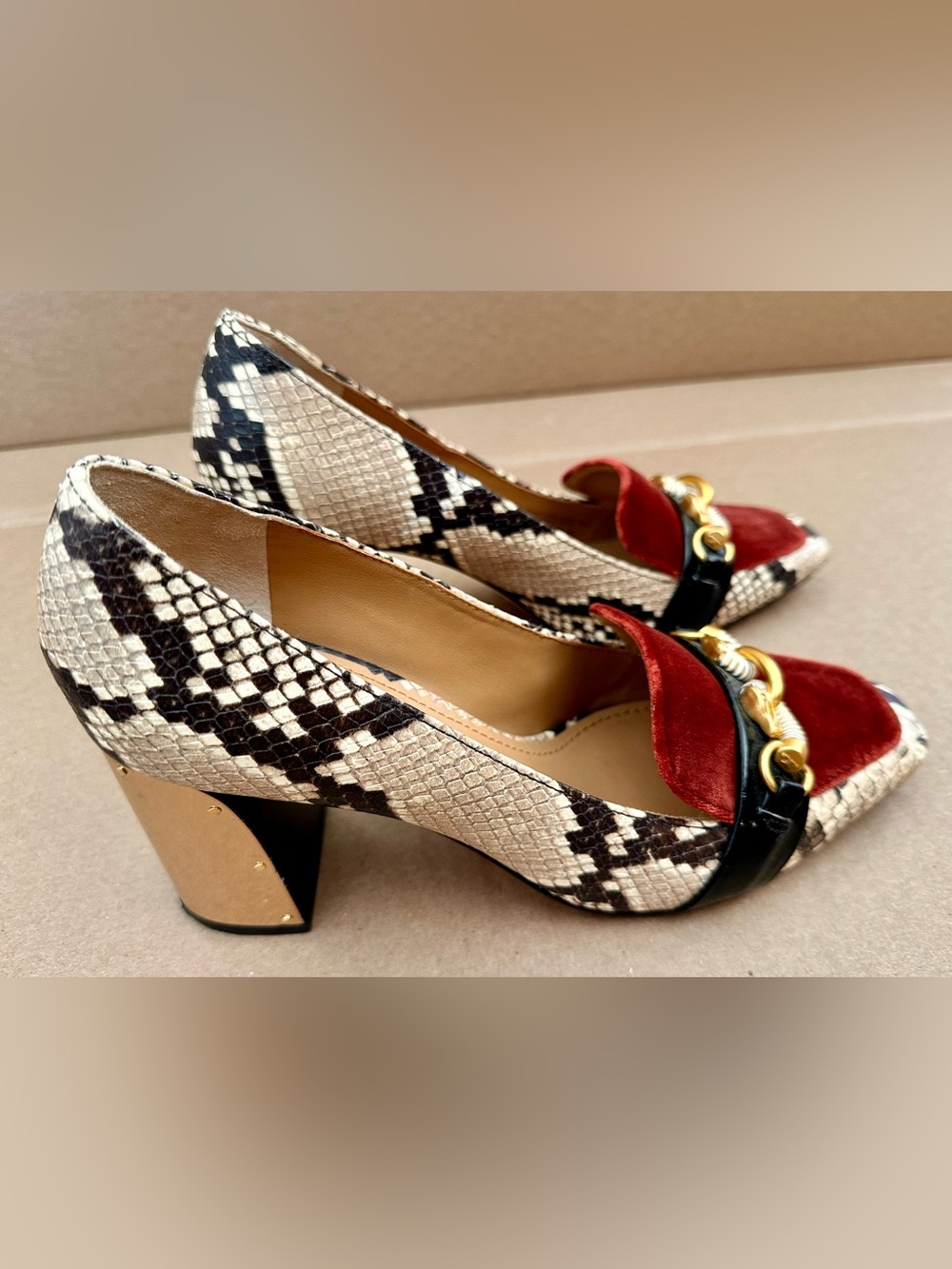 Tory Burch Jessa Snake Print and Velvet Block Heel Pump Velvet Block Heel Pumps